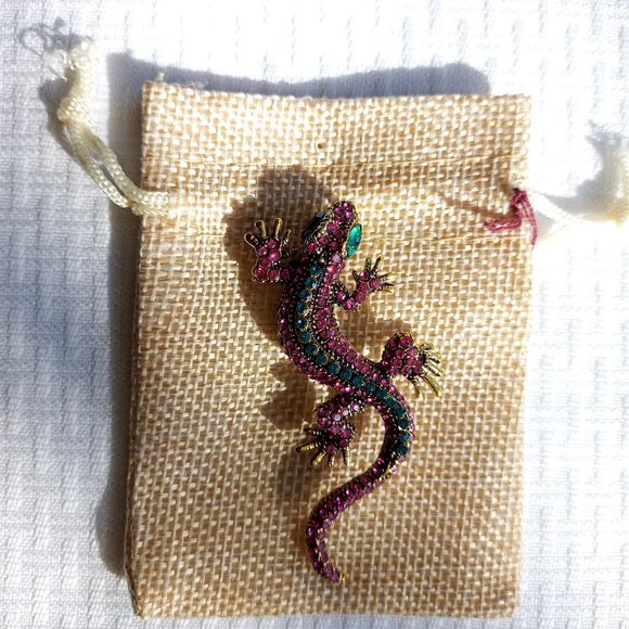 Pink Blue Lizard Rhinestone Pin Broach - Picture 2 of 3